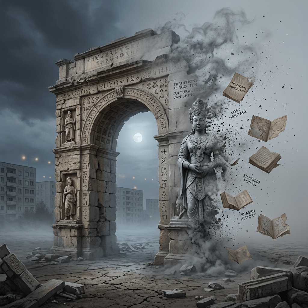 Ancient stone arch and statue disintegrating into dust with floating old books labeled lost heritage