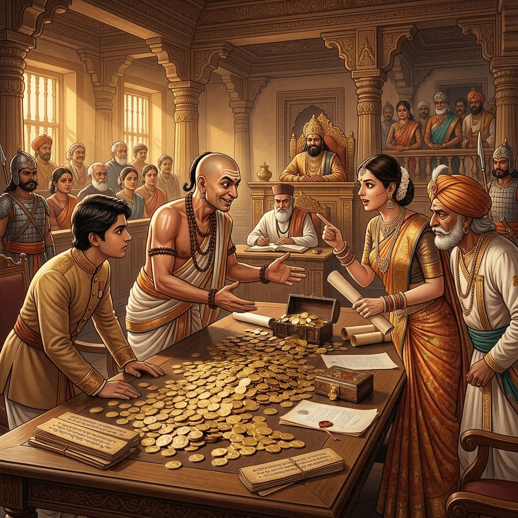 Kings and queen arguing over gold coins on a wooden table in a courtroom